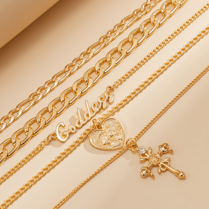 Retro multi-layer portrait cross pendant necklace Hip-hop style letter chain necklace