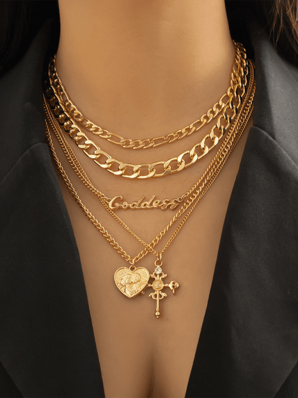 Retro multi-layer portrait cross pendant necklace Hip-hop style letter chain necklace