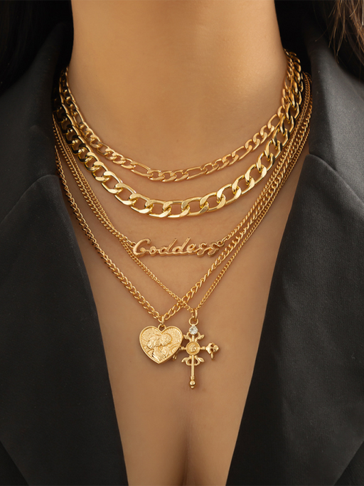Retro multi-layer portrait cross pendant necklace Hip-hop style letter chain necklace
