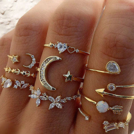 Star and Moon Ring Love Leaf Geometric 10-piece Ring Creative Retro Female Joint Ring Set