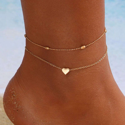 New round bead double-layer love heart anklet creative retro simple multi-layer alloy anklet