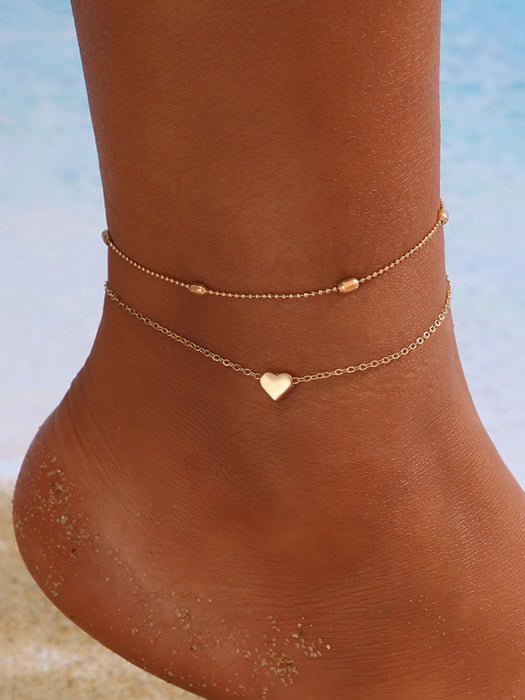 New round bead double-layer love heart anklet creative retro simple multi-layer alloy anklet