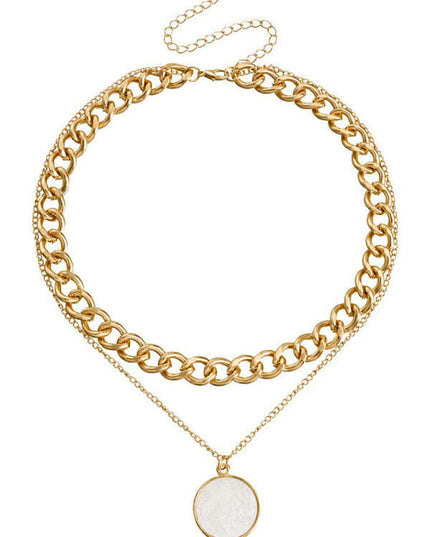 Double-layer geometric round white mother-of-pearl pendant necklace necklace metal thick aluminum chain necklace