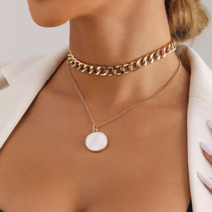 Double-layer geometric round white mother-of-pearl pendant necklace necklace metal thick aluminum chain necklace