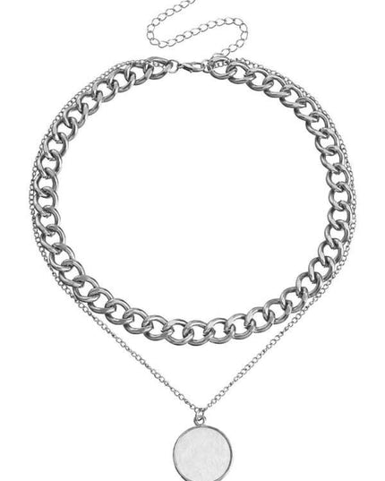 Double-layer geometric round white mother-of-pearl pendant necklace necklace metal thick aluminum chain necklace