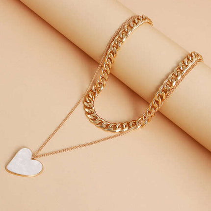 Double-Layer Heart Mother-of-Pearl Pendant Necklace – Thick Aluminum Chain