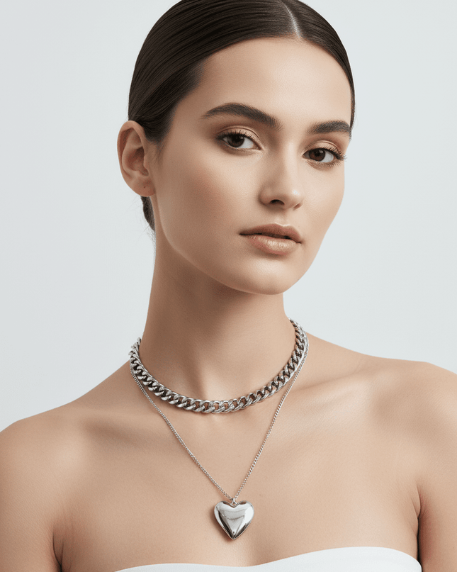 Double-Layer Heart Mother-of-Pearl Pendant Necklace – Thick Aluminum Chain