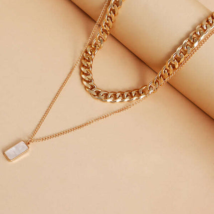 Double-Layer Mother-of-Pearl Pendant Necklace – Modern Rectangular Design