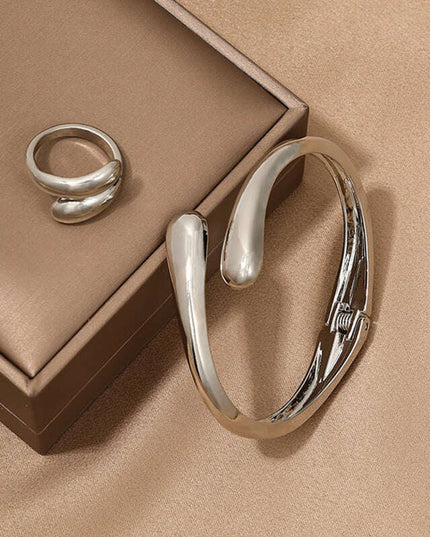 Fashionable and simple heavy metal geometric ring smooth bracelet ring jewelry two-piece set