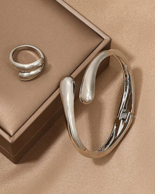 Fashionable and simple heavy metal geometric ring smooth bracelet ring jewelry two-piece set