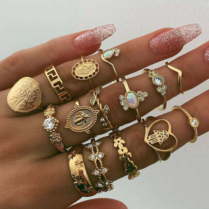 Retro Beauty Head Portrait Gold Coin Cross Pattern Love Fatima Palm Ring 15-piece Ring Set