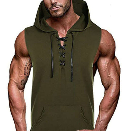 Men's Knit Sleeveless Lace-Up Hoodie