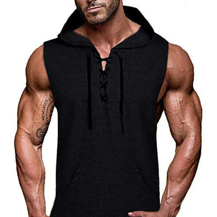 Men's Knit Sleeveless Lace-Up Hoodie