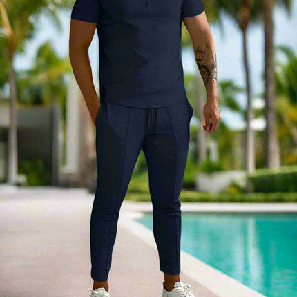 Men's solid color lapel short-sleeved POLO shirt + trousers two-piece suit