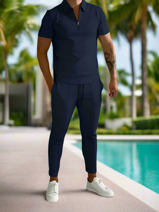 Men's solid color lapel short-sleeved POLO shirt + trousers two-piece suit