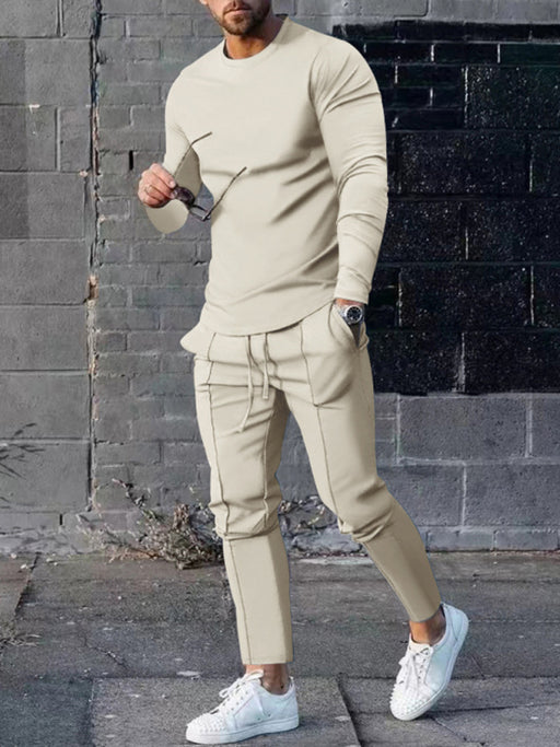 Men's Comfortable Polyester Lounge Wear Set with Long Sleeve T-shirt and Coordinating Trousers