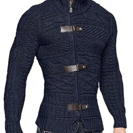 Men's Leather Button Long Sleeve Knitted Cardigan Jacket