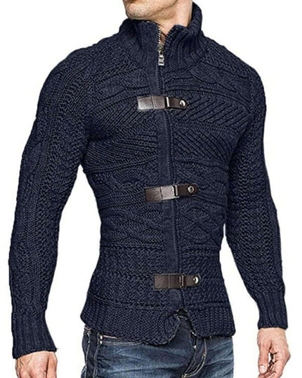 Men's Leather Button Long Sleeve Knitted Cardigan Jacket