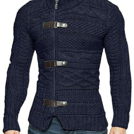 Men's Leather Button Long Sleeve Knitted Cardigan Jacket