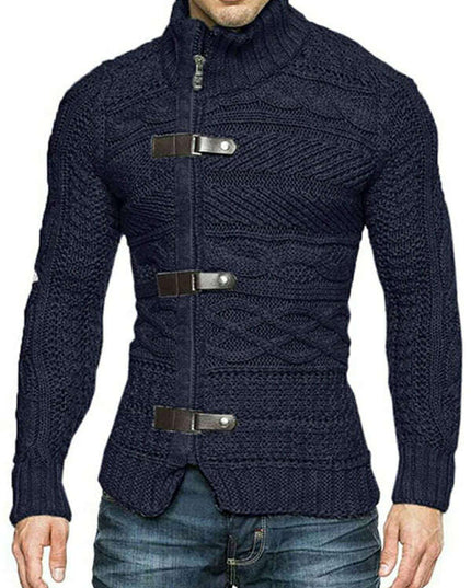 Men's Leather Button Long Sleeve Knitted Cardigan Jacket