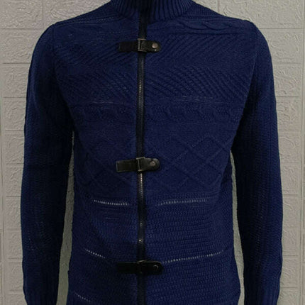 Men's Leather Button Long Sleeve Knitted Cardigan Jacket