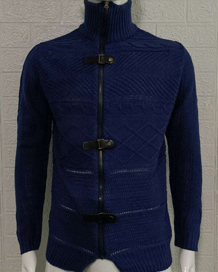 Men's Leather Button Long Sleeve Knitted Cardigan Jacket