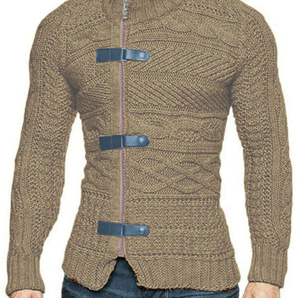 Men's Leather Button Long Sleeve Knitted Cardigan Jacket