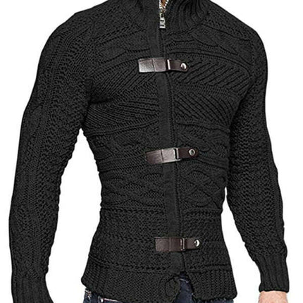 Men's Leather Button Long Sleeve Knitted Cardigan Jacket