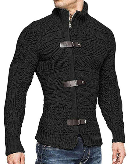 Men's Leather Button Long Sleeve Knitted Cardigan Jacket