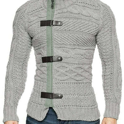 Men's Leather Button Long Sleeve Knitted Cardigan Jacket