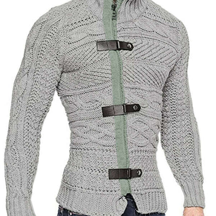 Men's Leather Button Long Sleeve Knitted Cardigan Jacket