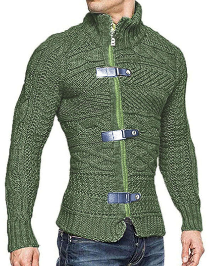 Men's Leather Button Long Sleeve Knitted Cardigan Jacket