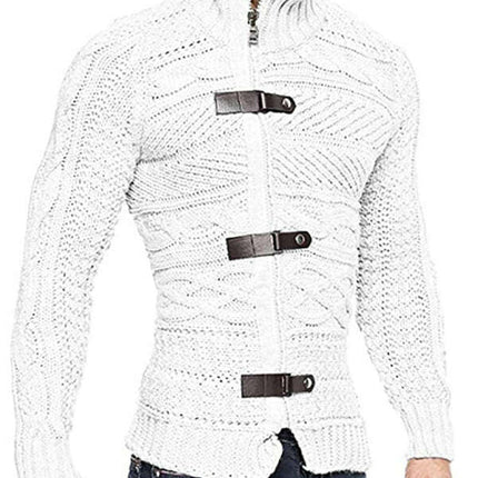 Men's Leather Button Long Sleeve Knitted Cardigan Jacket