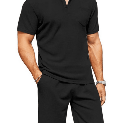 Men's lapel polo shirt short-sleeved T-shirt pocket decoration shorts two-piece set