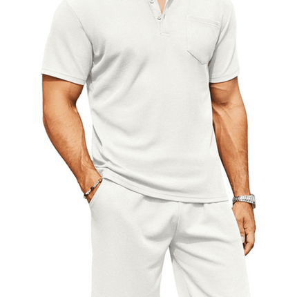 Men's lapel polo shirt short-sleeved T-shirt pocket decoration shorts two-piece set
