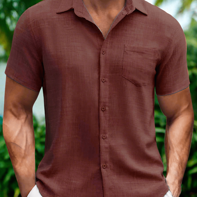 New solid color lapel pocket short sleeve casual men's shirt