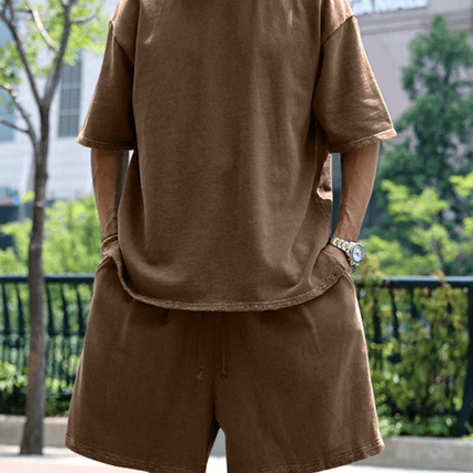 Men's solid color loose short-sleeved shorts set