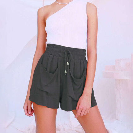 Ladies Cotton Linen High Waist Loose Wide Leg Shorts