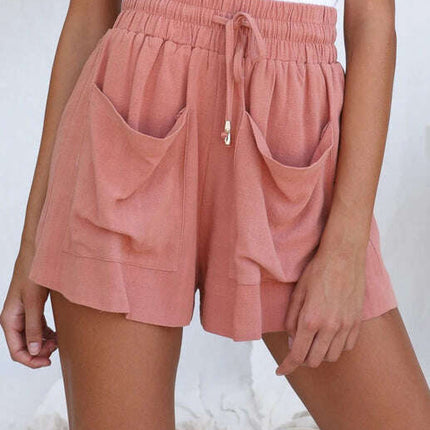 Ladies Cotton Linen High Waist Loose Wide Leg Shorts