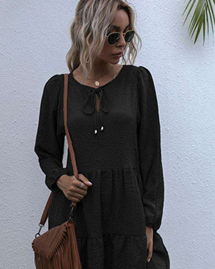 Retro Elegance Lantern Sleeve Midi Dress for Women - Vintage Charm Collection