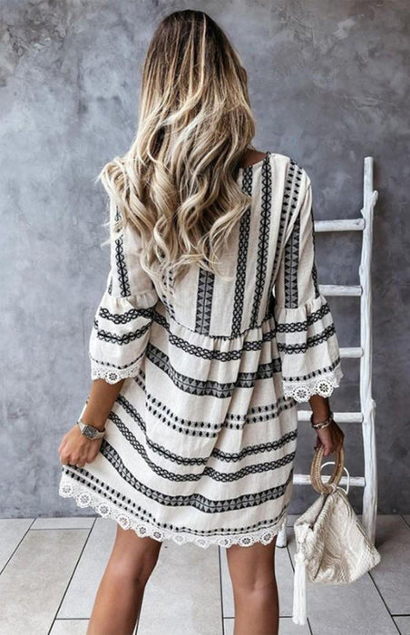 Bohemian V-Neck Lace Dress with Flare Sleeves