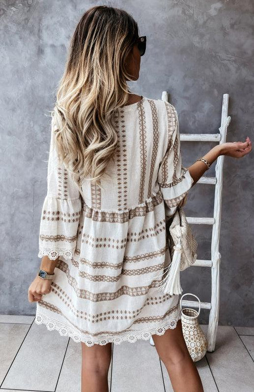 Lace-Trimmed Bohemian V-Neck Dress with Flare Sleeves