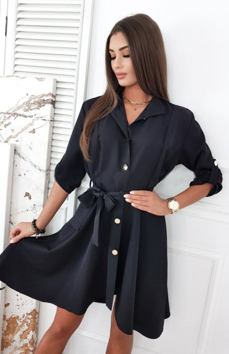 Sophisticated Lapel Collar Dress with Belt for Women