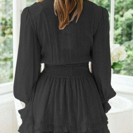 Chic V-Neck Ruffle Knot Mini Dress for Trendsetting Ladies