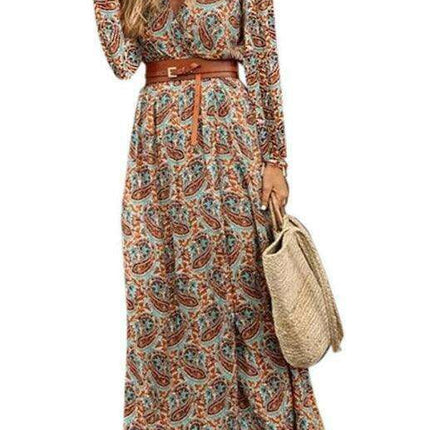 Bohemian Floral V-Neck Maxi Dress with Adjustable Belt