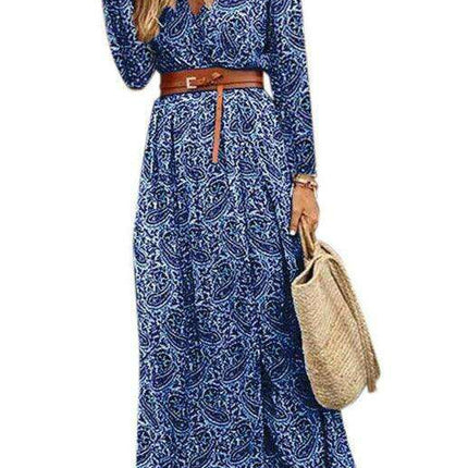 Bohemian Floral V-Neck Maxi Dress with Adjustable Belt