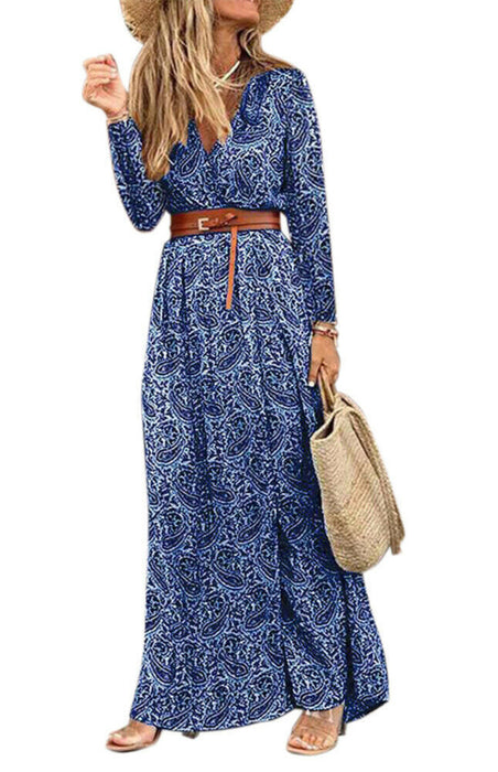 Bohemia Style Printed Maxi Dress with V-Neck and Belt