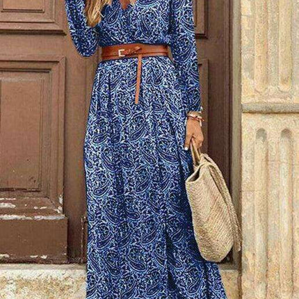 Bohemian Floral V-Neck Maxi Dress with Adjustable Belt
