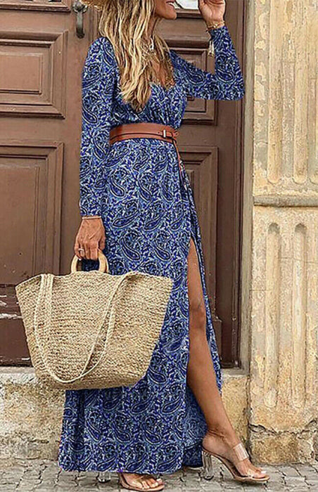 Bohemian Floral Print Maxi Dress with V-Neck and Waist Belt