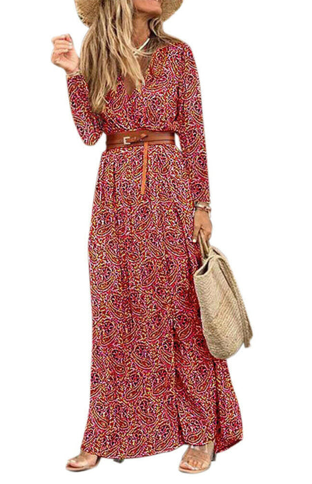 Bohemian Floral Print Maxi Dress with V-Neck and Waist Belt